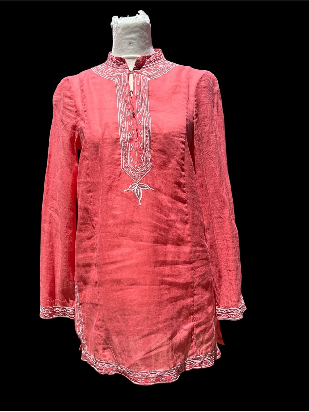 Zara Tunic Top Coral White Embroidered